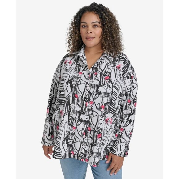 Karl Lagerfeld Tops - KARL LAGERFELD Plus Size 2X Printed Collared Button Shirt White SALE $99